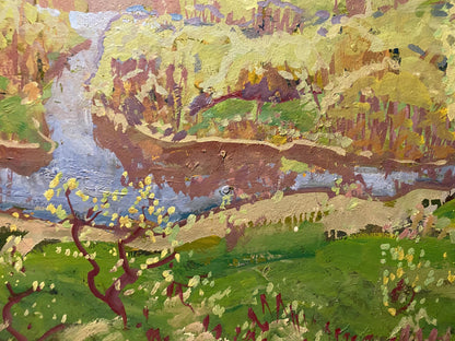 Oil painting Evening by Georgy Kolosovsky: vibrant river and hills