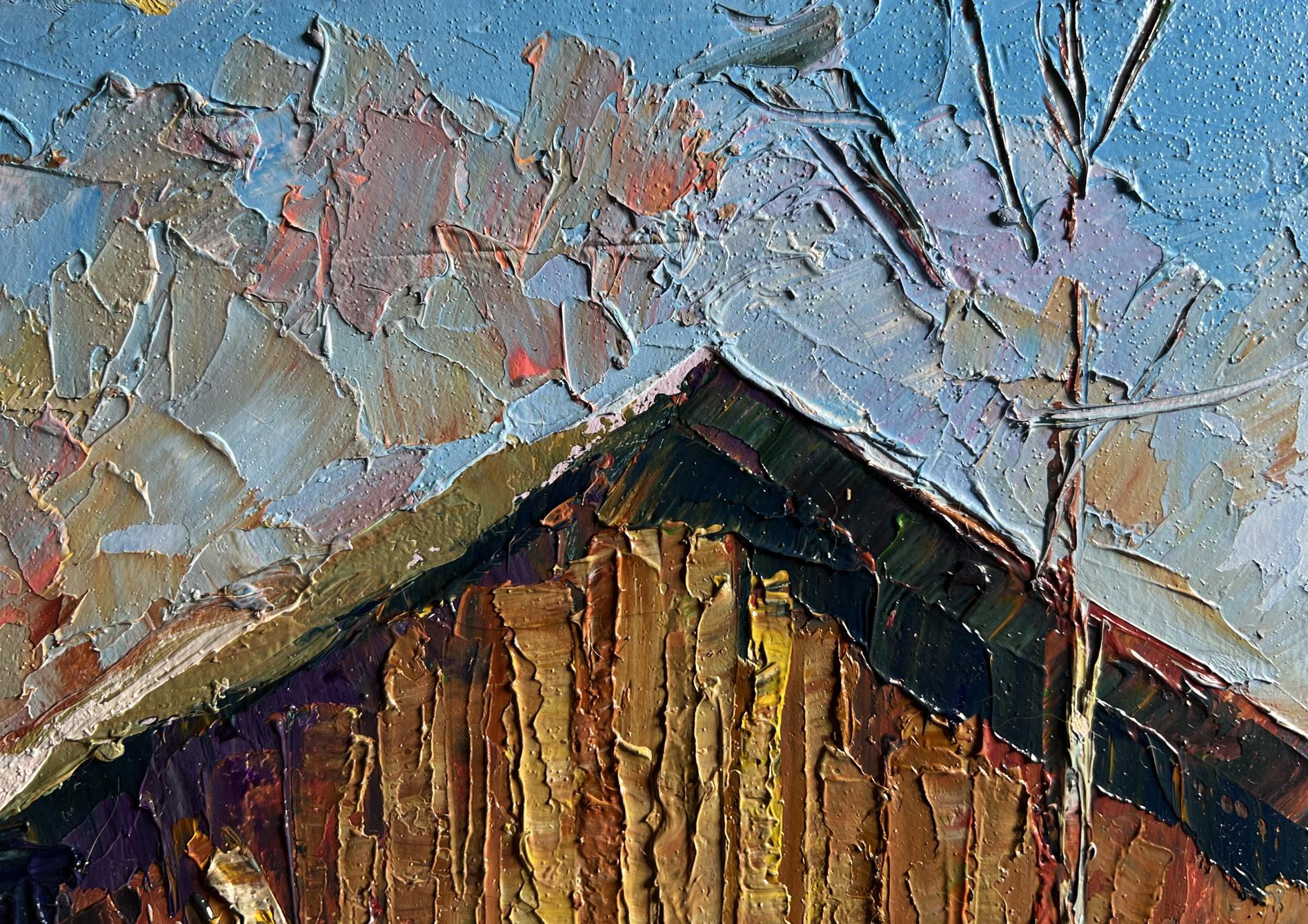 Oil painting by Boris Serdyuk: snowy city with textured rustic barn