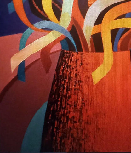 Oil painting of vase with textured dark reddish-brown surface and abstract colorful ribbons by Alexander Strashevich