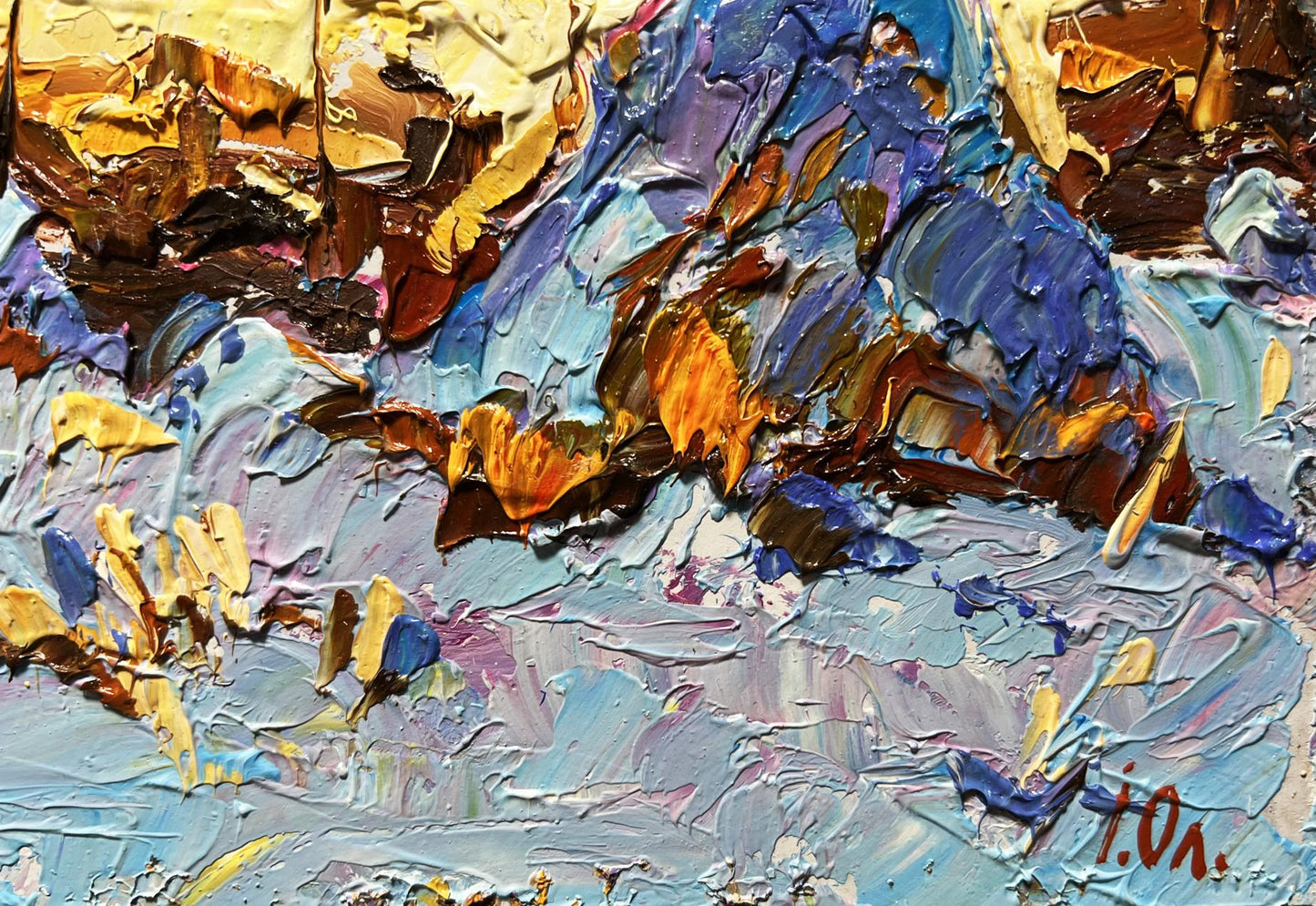 Frosty evening oil painting by Oleksiy Ivanyuk in blue, gold, brown impasto