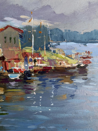 Vibrant impressionist oil painting of Yuriy Suprunchuk port harbor with boats