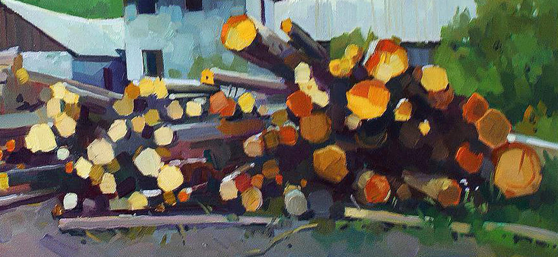 Oil painting Sawmill by Anastasia Yaroshevich: stacked logs with warm ends amid green foliage