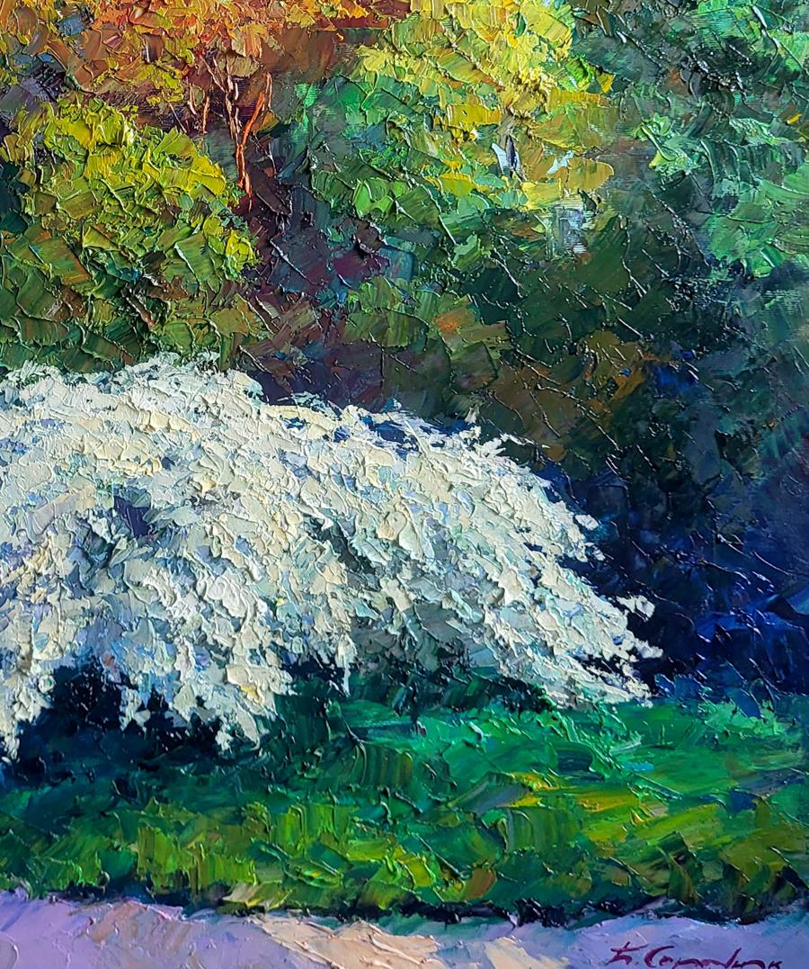 Oil painting Spirea Wangutta Bride by Boris Serdyuk, vibrant white bush