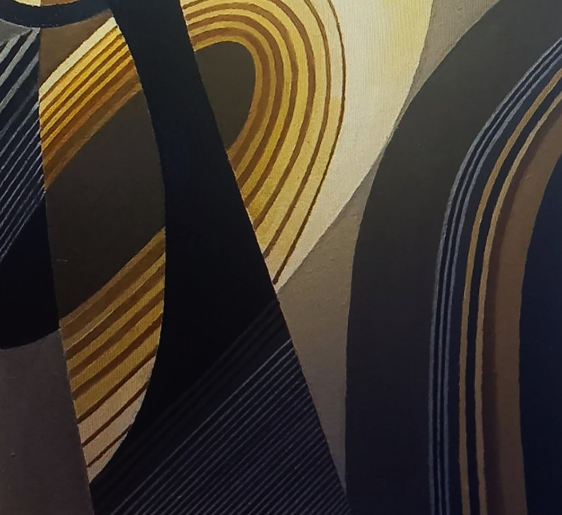 Oil painting Sign by Alexander Strashevich with bold curved stripes in black, gold, beige