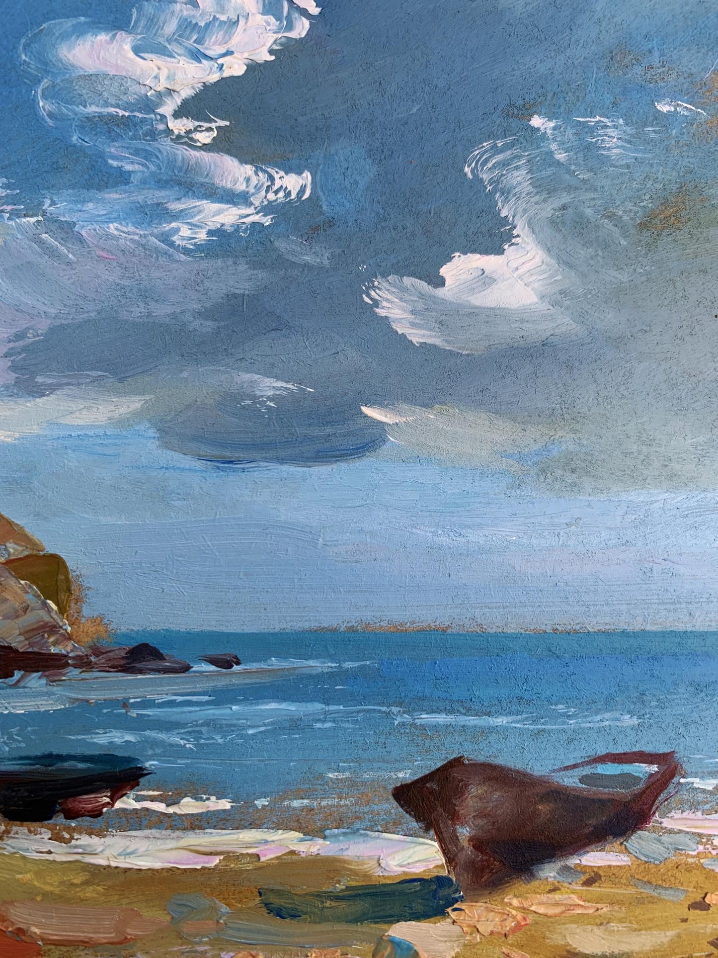 Oil painting of weathered wooden boat on sandy shore by Yuriy Suprunchuk