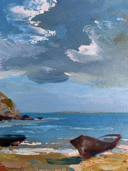 Oil painting of weathered wooden boat on sandy shore by Yuriy Suprunchuk