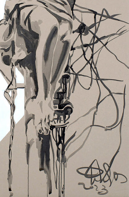 Abstract ink acrylic painting by Dima Filatov with lighting on beige background