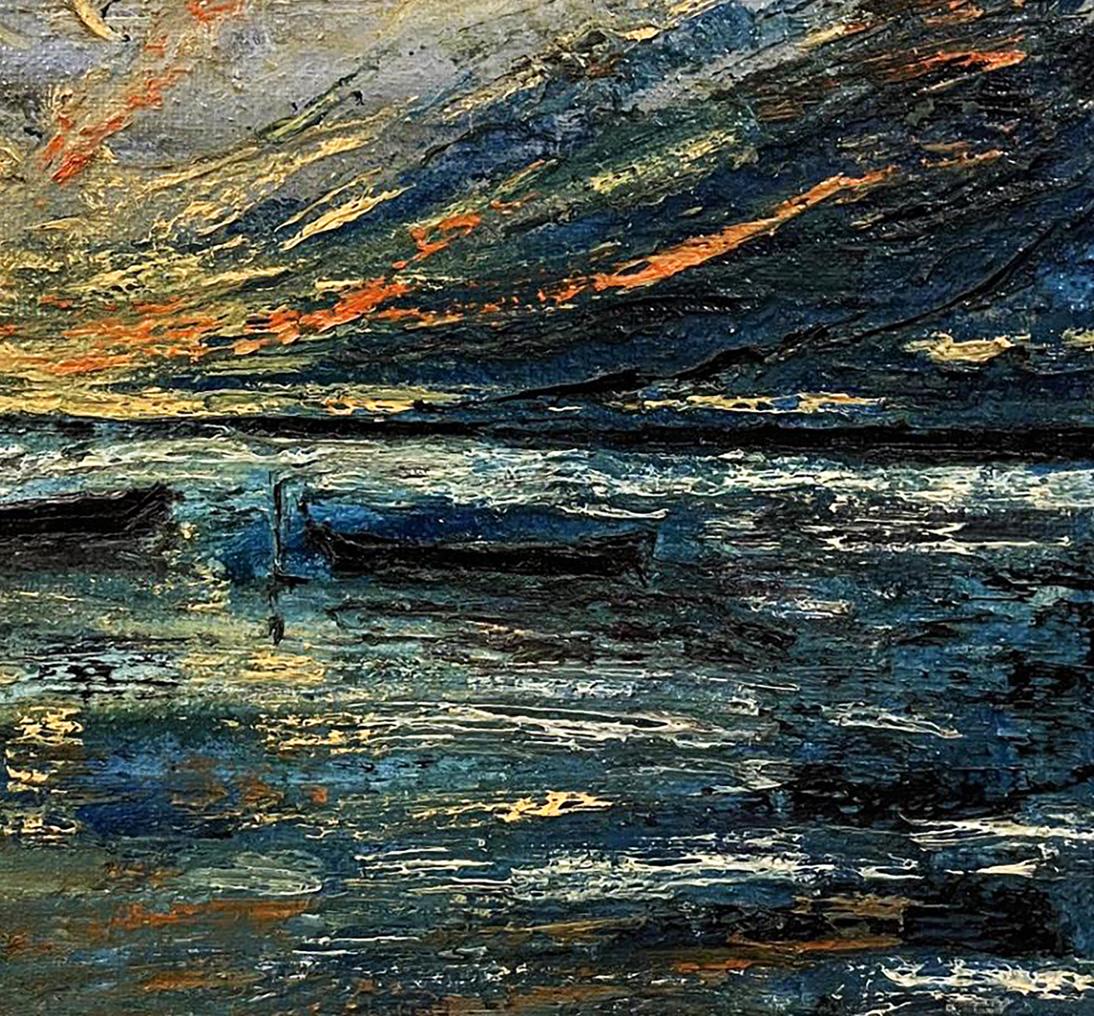 Oil painting Boats in the Sea by Serhiy Kovalev, turbulent sea under dramatic sky