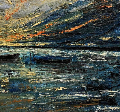 Oil painting Boats in the Sea by Serhiy Kovalev, turbulent sea under dramatic sky