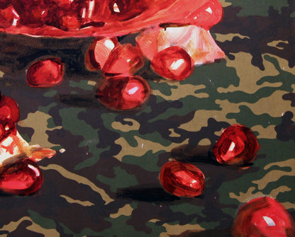 Oil painting by Ed Potapenkov: vibrant red pomegranate seeds spilling from cracked fruit on camouflage surface