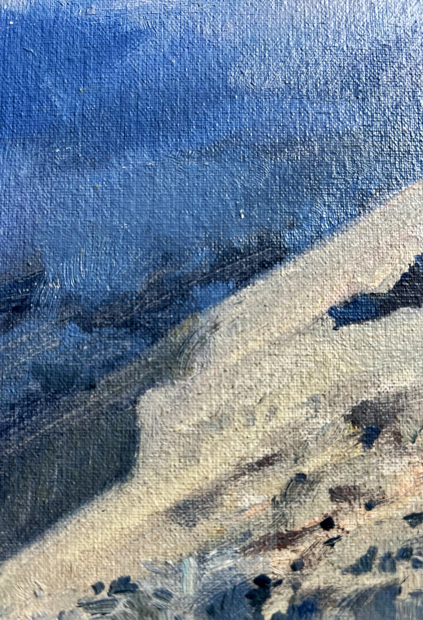 Oil painting of snowy mountain by Tatyana Derdey in deep blues and earth tones