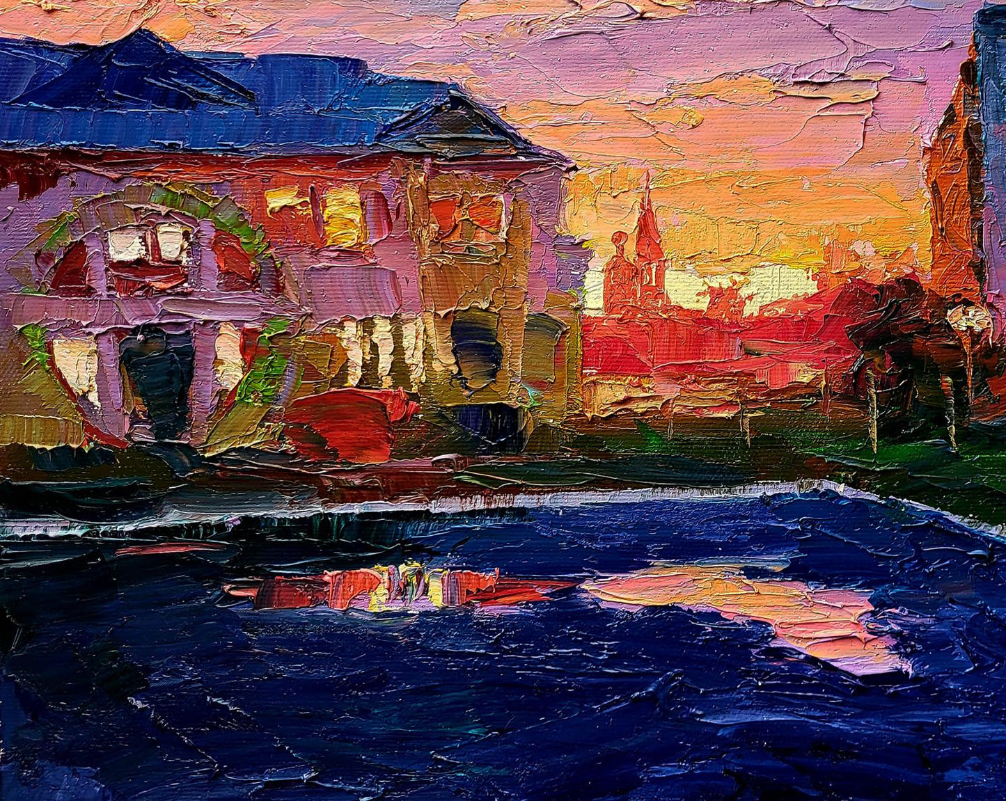 Vibrant impressionist oil painting by Boris Serdyuk of canal town orange sunset