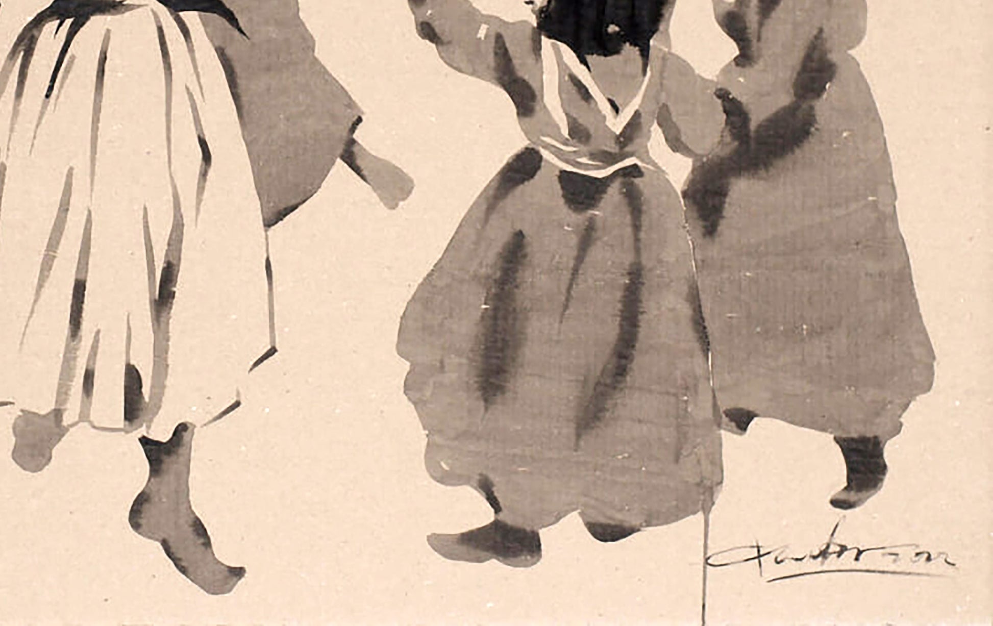 Monochromatic ink wash of three figures in flowing dresses by Dima Filatov Ukraine