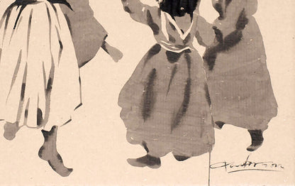 Monochromatic ink wash of three figures in flowing dresses by Dima Filatov Ukraine