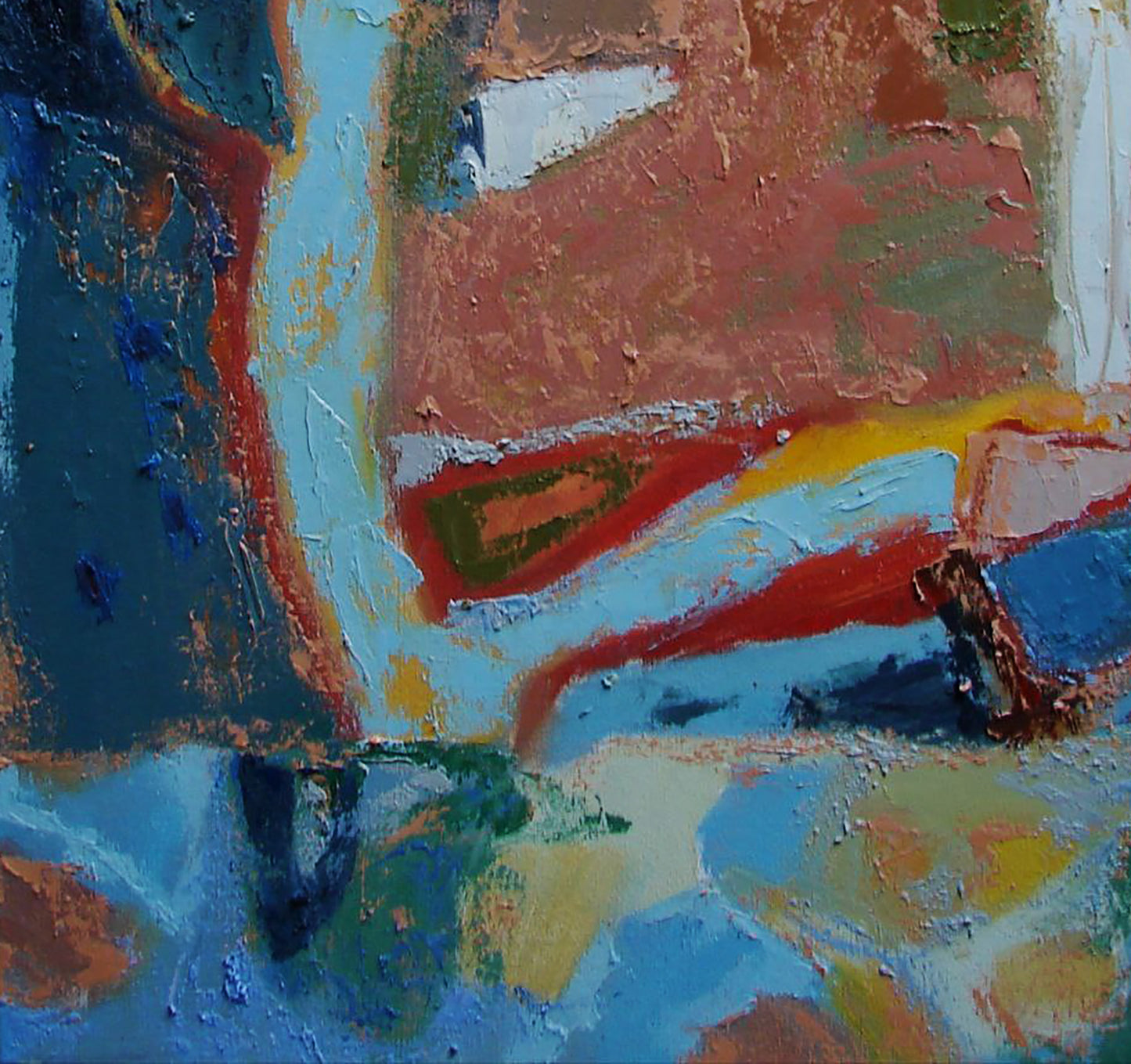 Oil painting Breakfast on the Grass by Tatyana Shulyak, abstract blue red ochre strokes