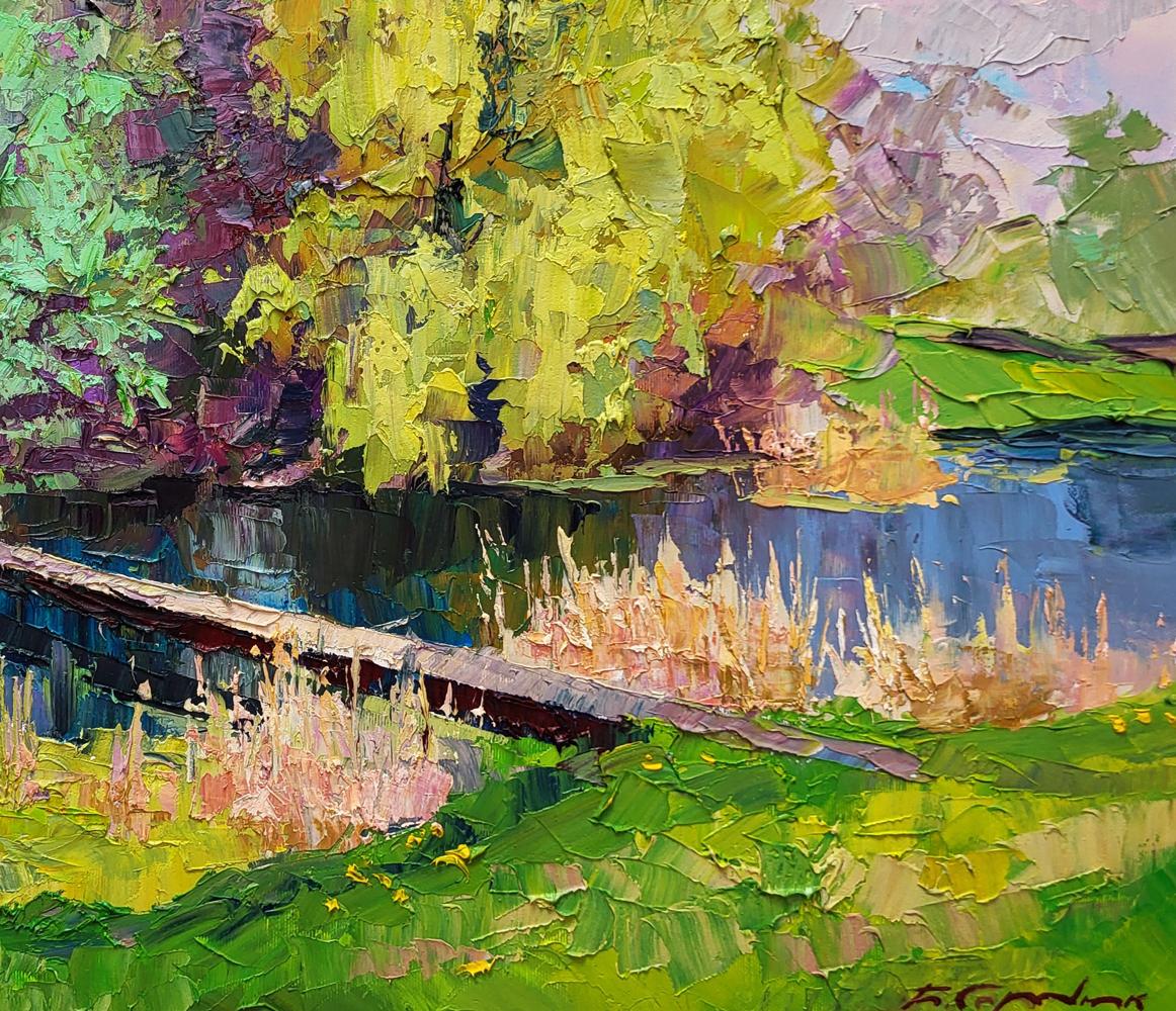 Vibrant impressionist oil painting Bridge Boris Serdyuk lush green landscape pond bridge