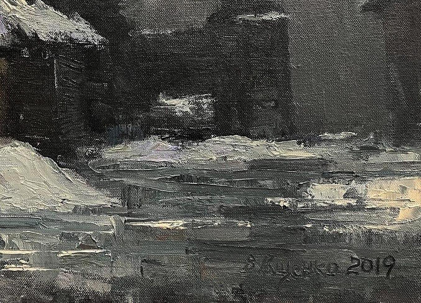 Monochromatic oil painting of Swedish grave by Volodymyr Pashchenko