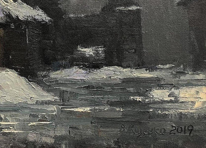 Monochromatic oil painting of Swedish grave by Volodymyr Pashchenko