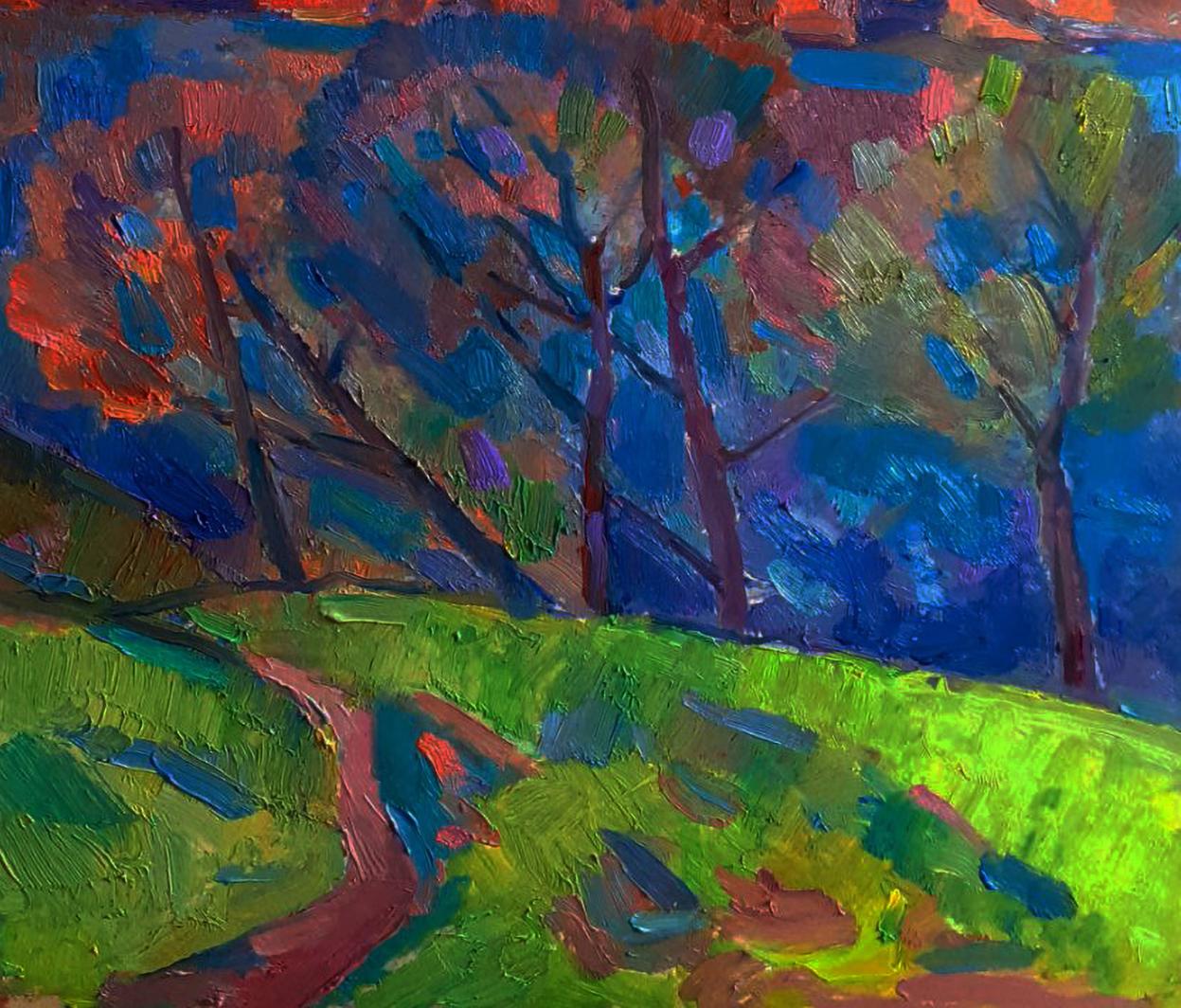 Vibrant impressionist oil painting Autumn silence on the shore by Pavel Dobrev