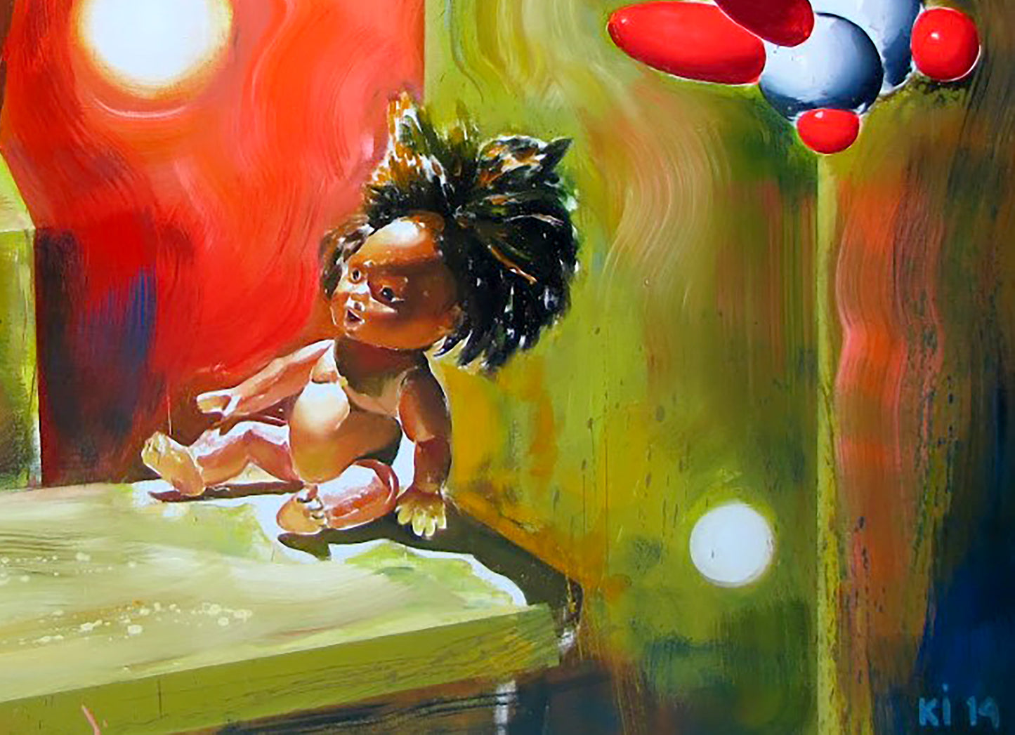 Oil painting Good night by Igor Konovalov: figure doll with spiky hair on ledge