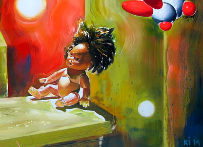 Oil painting Good night by Igor Konovalov: figure doll with spiky hair on ledge