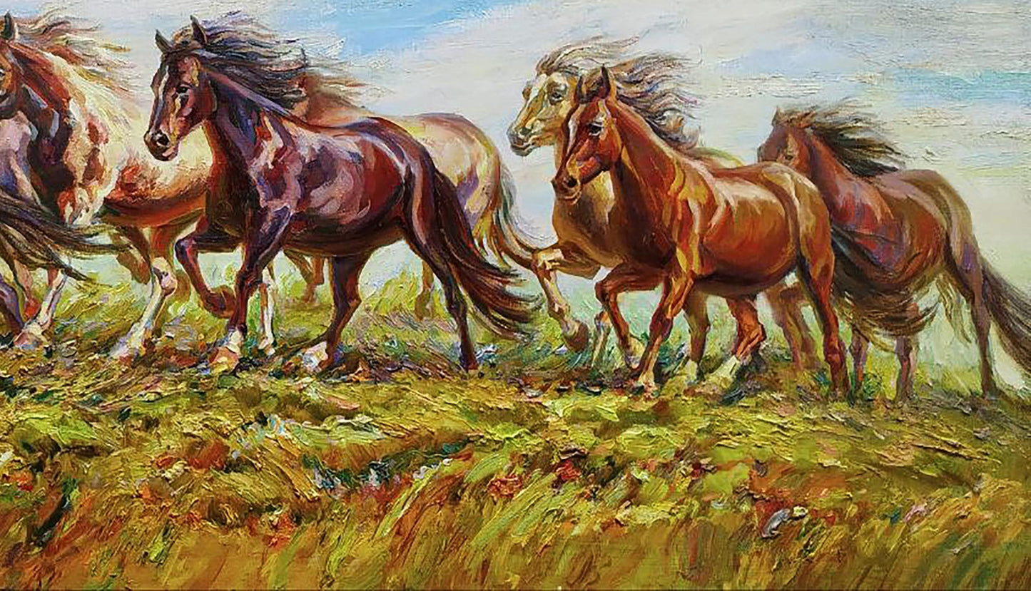 Vibrant oil painting by Leonid Pavlenko of galloping brown horses in sunlit field