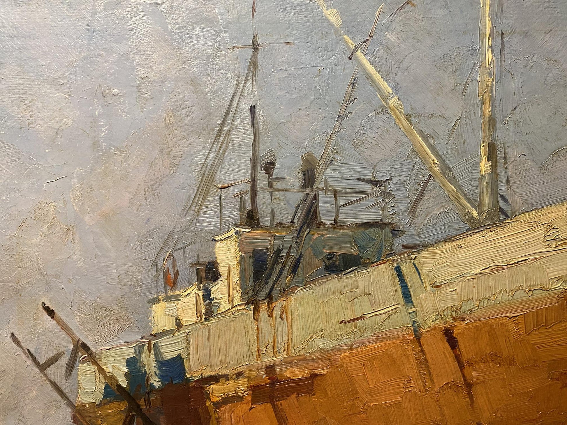 Textured oil painting of fishing boat on shore by Osipov Alexander
