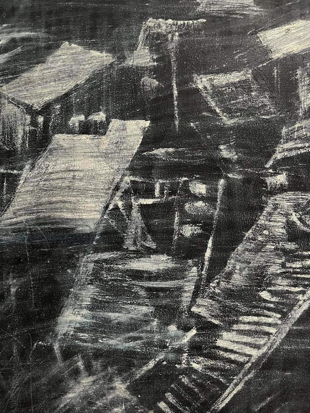Abstract charcoal rooftops in Serhiy Kovalev oil painting City Twilight