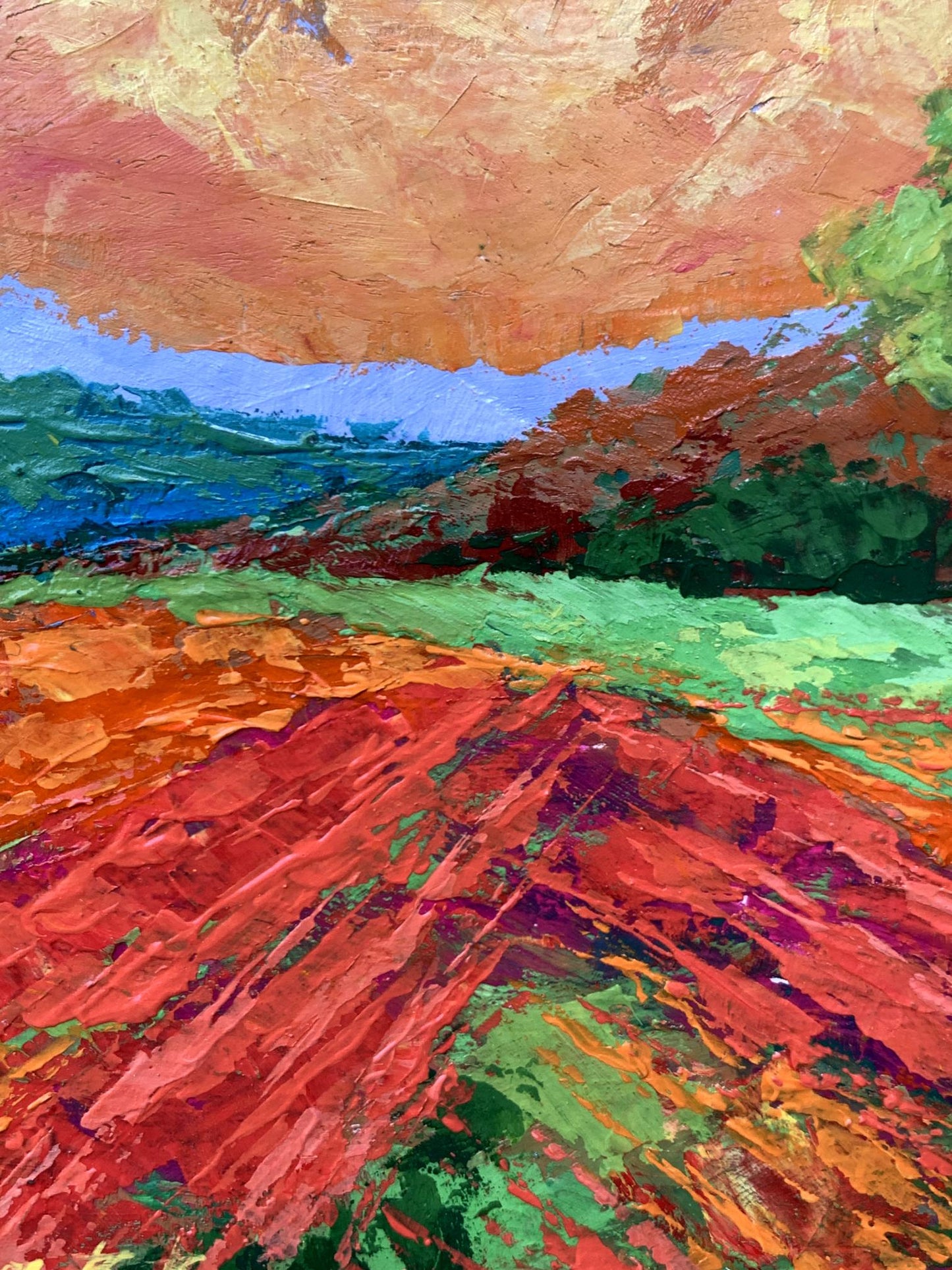 Vibrant impressionist oil painting of bright yellow sunset by V. Zadorozhnya