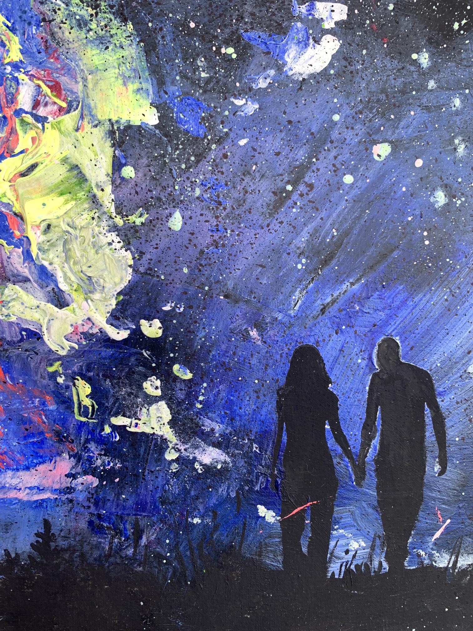 Oil painting Love Night by Tatyana Derdey: cosmic couple silhouettes