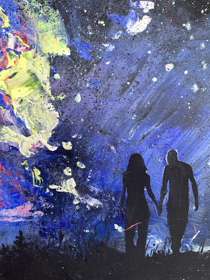 Oil painting Love Night by Tatyana Derdey: cosmic couple silhouettes