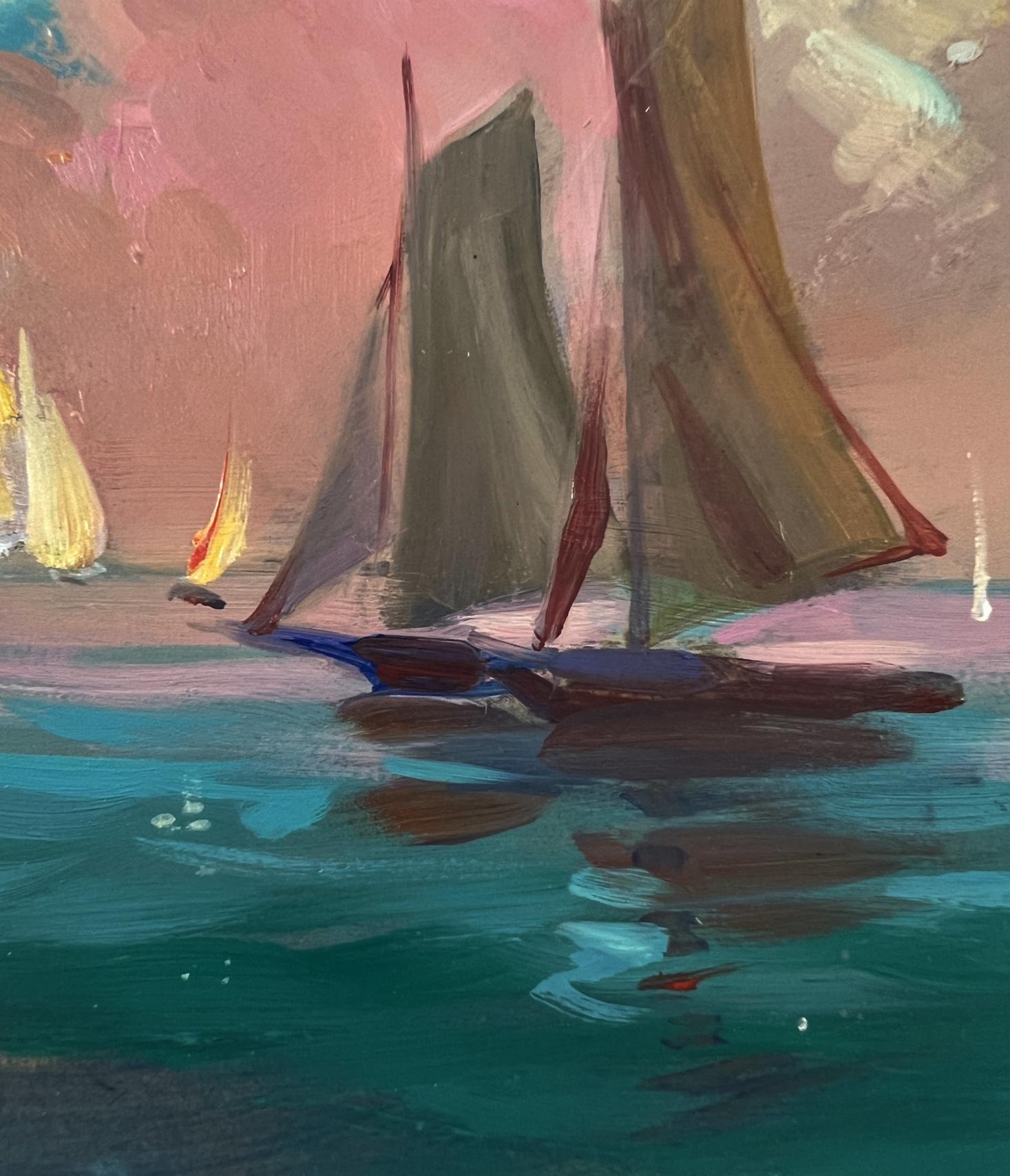 Oil painting of sailboat with dark sails gliding on teal water at sunset by Yuriy Suprunchuk