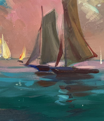 Oil painting of sailboat with dark sails gliding on teal water at sunset by Yuriy Suprunchuk