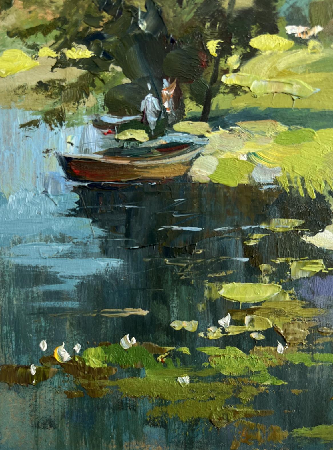 Oil painting by Yuriy Suprunchuk: red rowboat amid lily pads by lonely tree