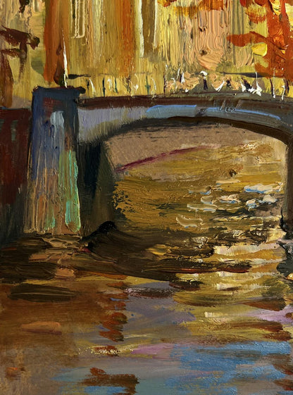 Oil painting of Autumn city park stone bridge by Yuriy Suprunchuk