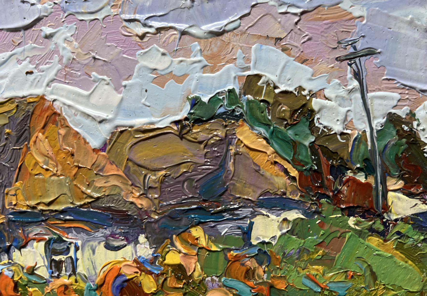 Oil painting of cozy village life by Oksana Ivanyuk with impasto landscape