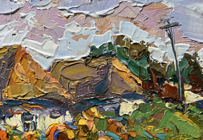 Oil painting of cozy village life by Oksana Ivanyuk with impasto landscape