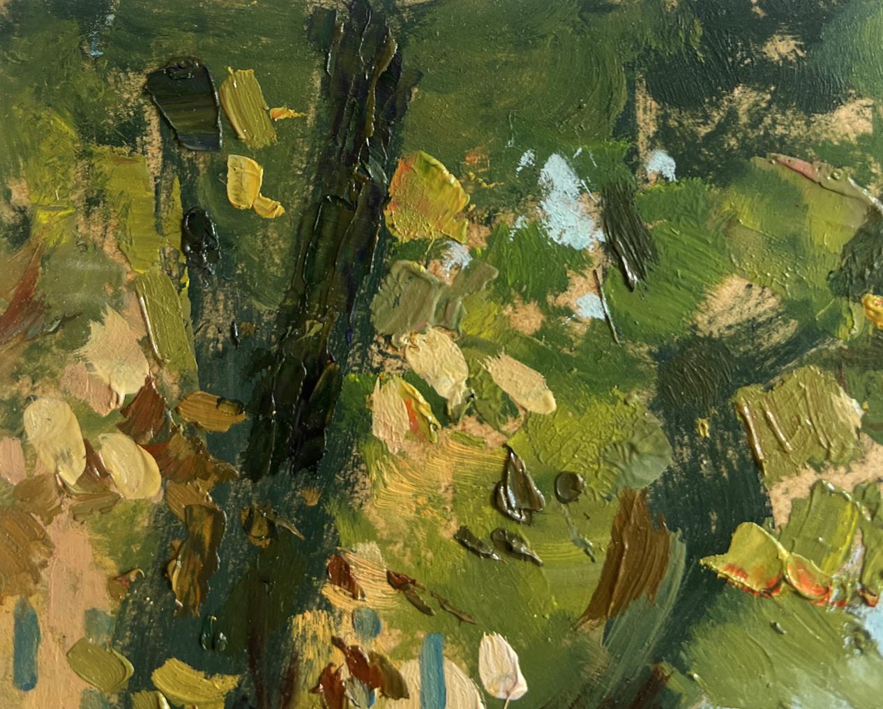 Oil painting of textured dark tree trunk in vibrant green tones by Yuriy Suprunchuk
