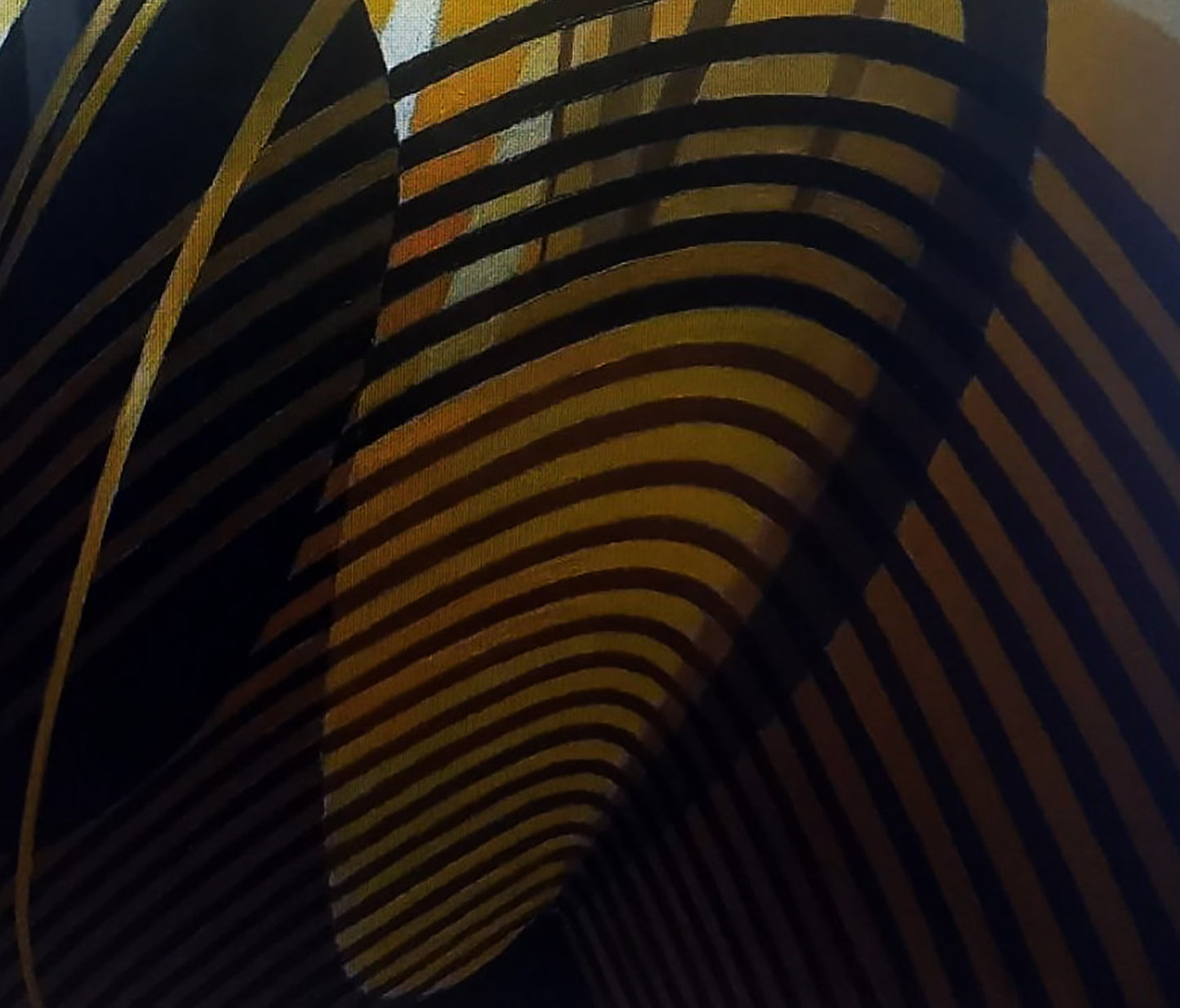 Oil painting String theory by Alexander Strashevich with bold curved black and golden yellow stripes