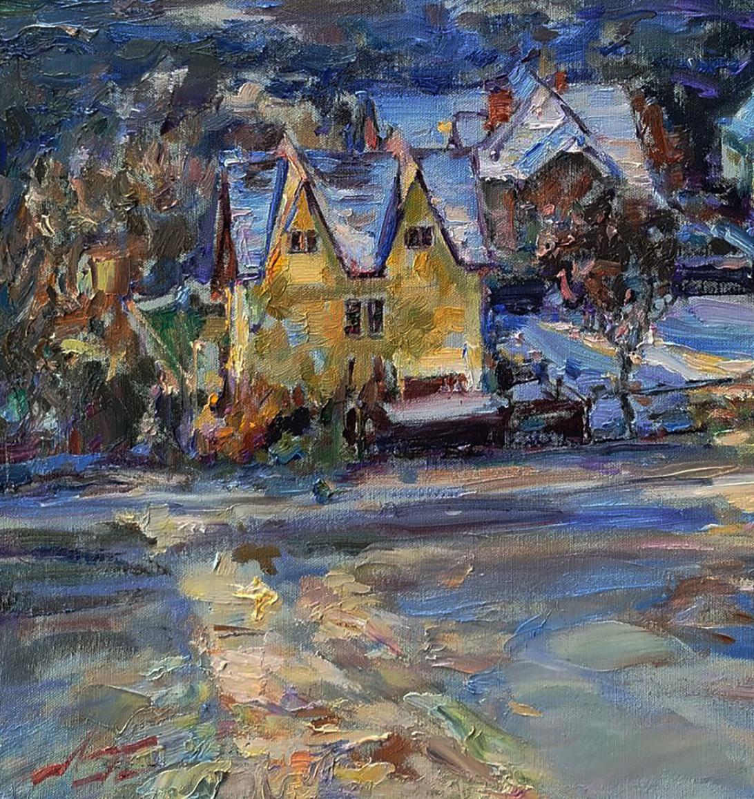 Oil painting by Leonid Pavlenko: yellow house, blue roof in snowy outskirts