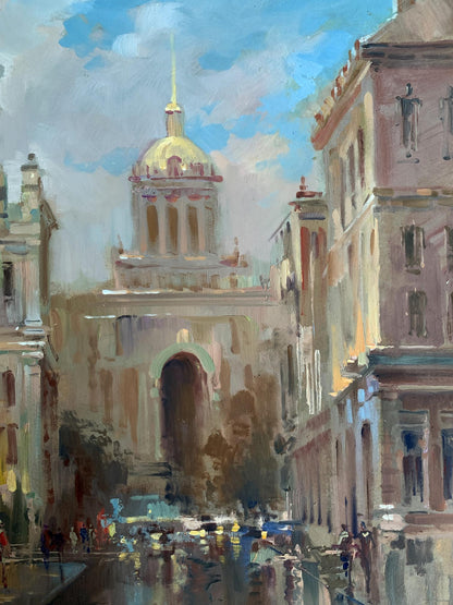 Oil painting of golden-domed City Hall cathedral by Yuriy Suprunchuk