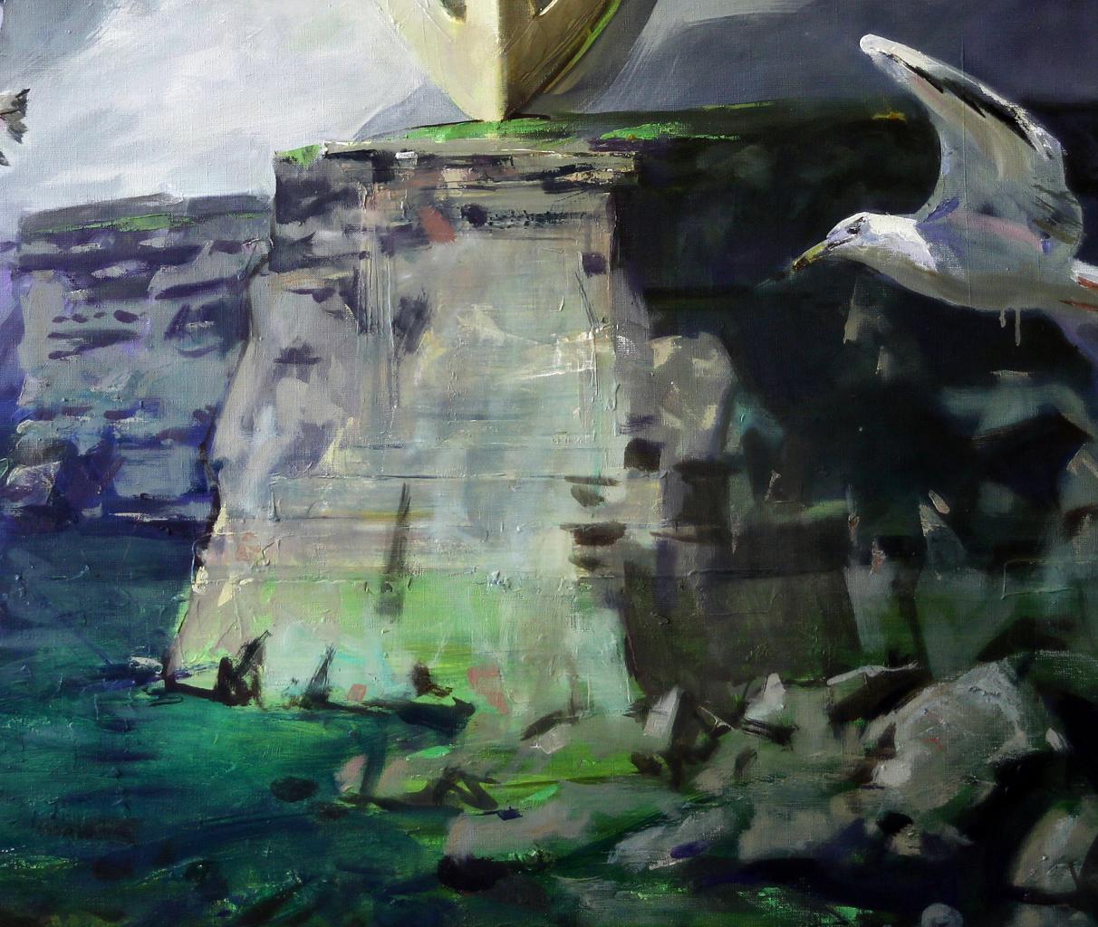 White seagull with gray wings soars over greenish-gray cliff in Ed Potapenkov oil painting