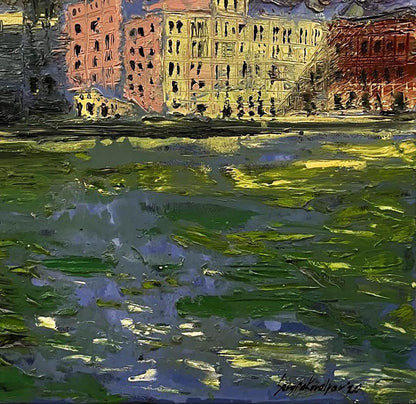 Vibrant impressionist oil painting Sobre Natureza Serhiy Kovalev waterfront cityscape