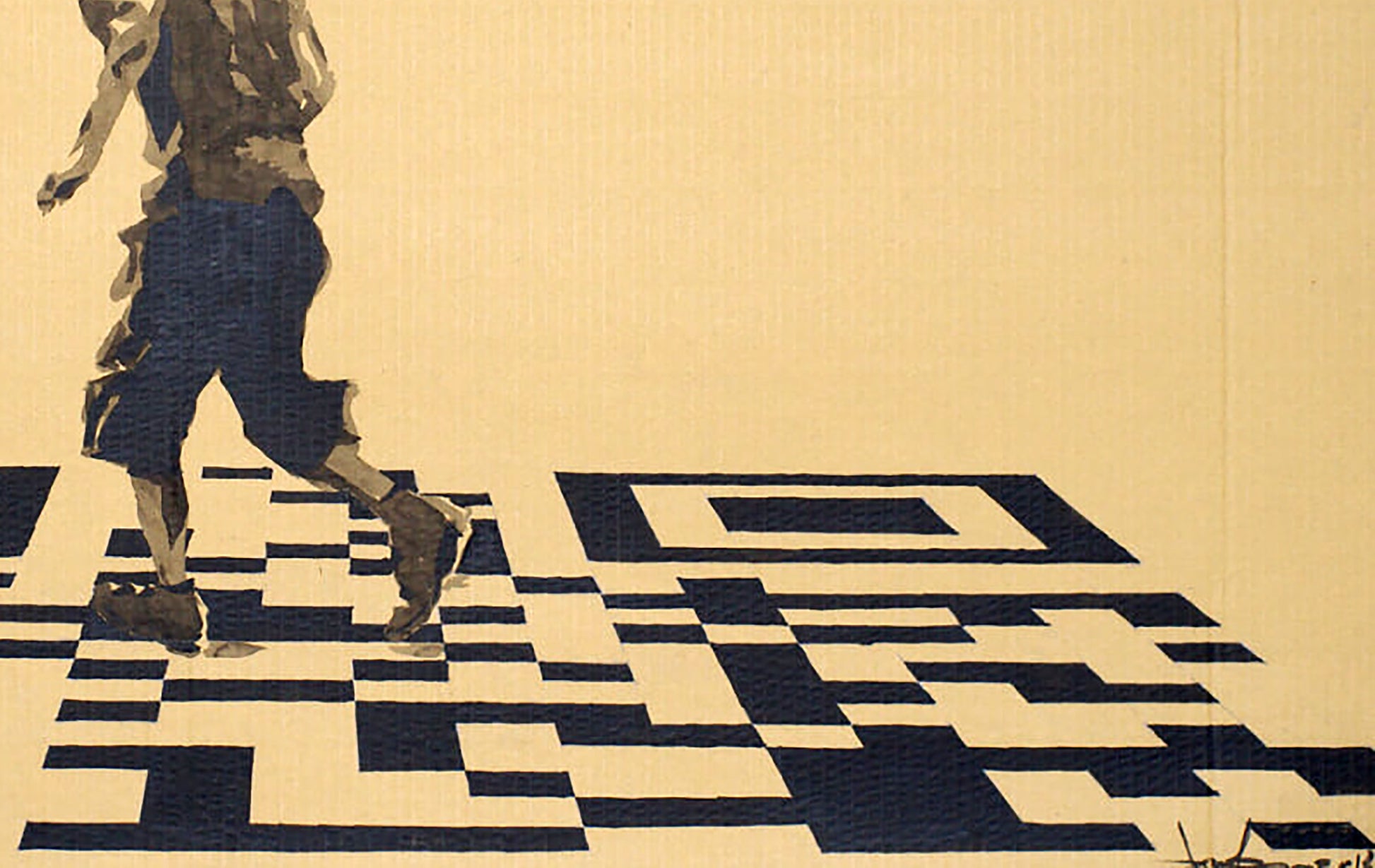 Stylized person walking on black beige QR code in Ink painting Childhood Dima Filatov