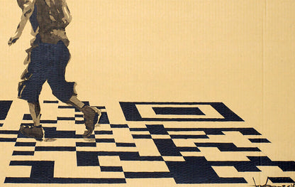 Stylized person walking on black beige QR code in Ink painting Childhood Dima Filatov