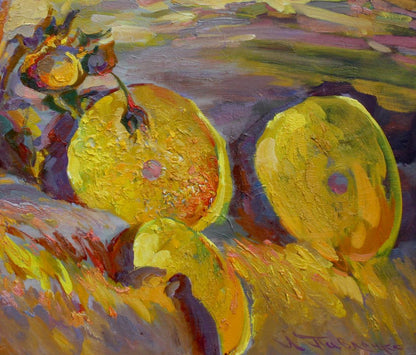 Vibrant yellow citrus fruits in impressionistic oil painting Millstone of time by Leonid Pavlenko