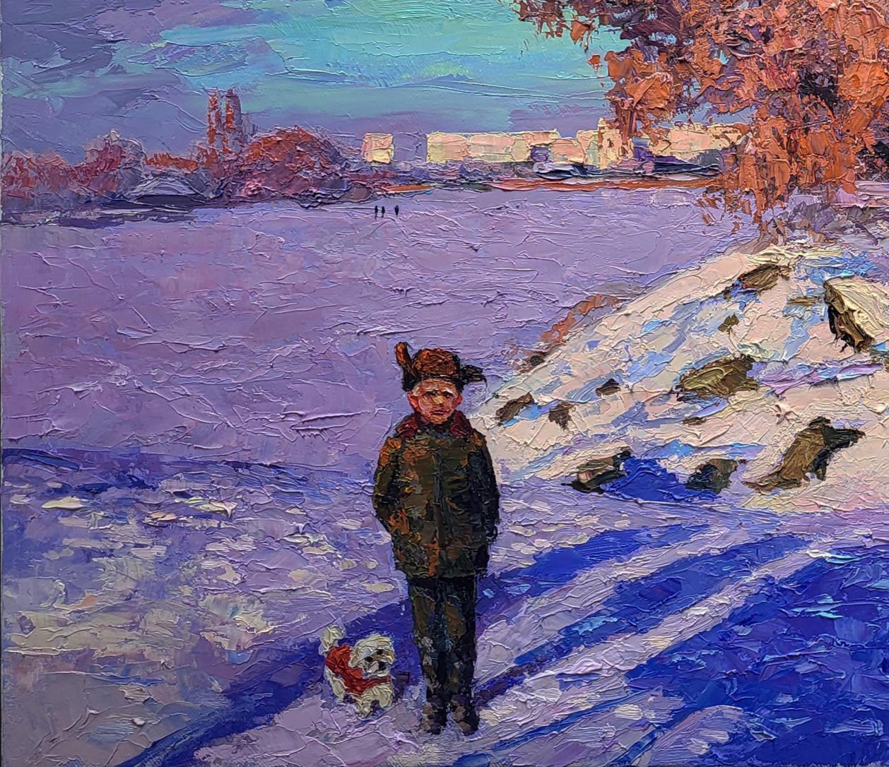 Child in winter coat and hat with dog on snowy path, Boris Serdyuk oil painting