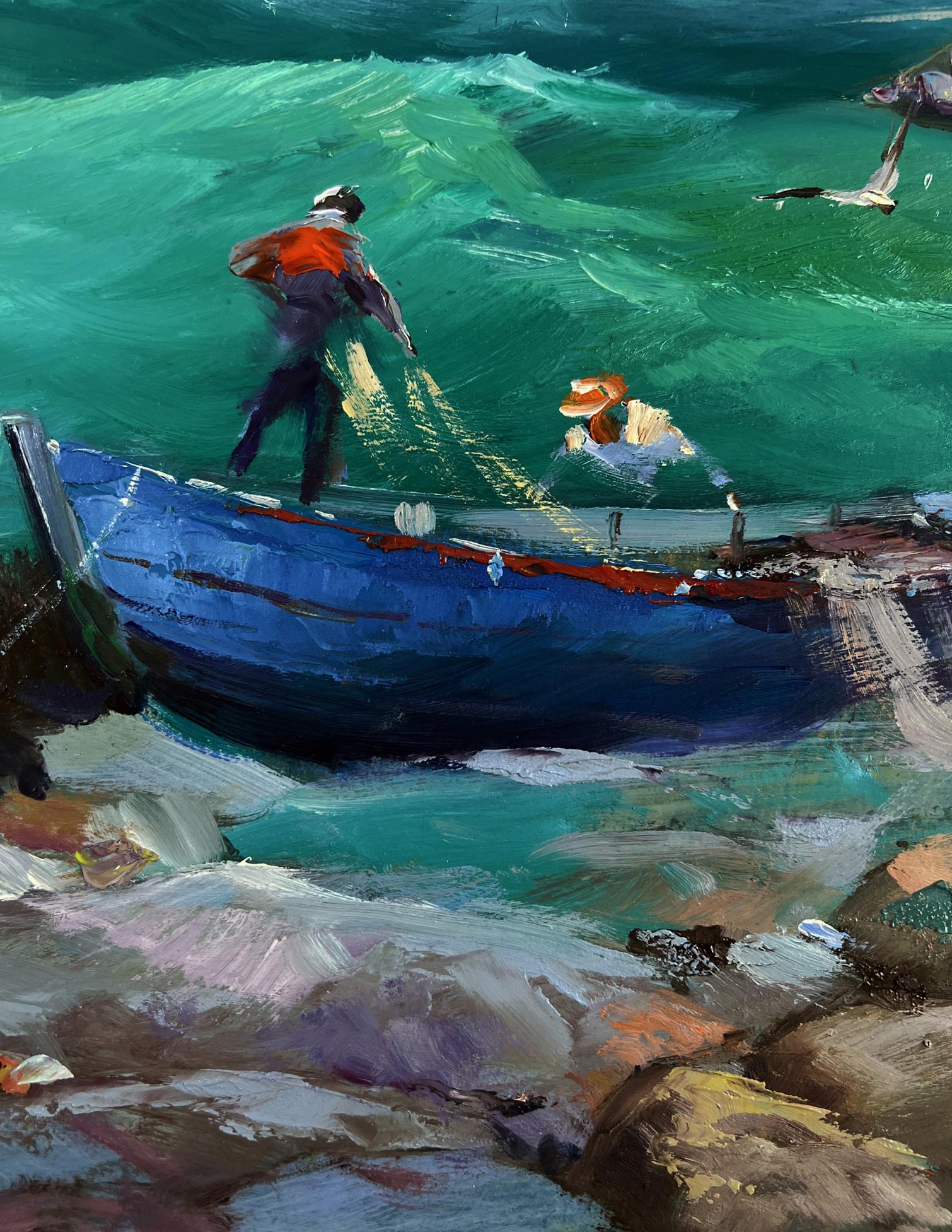 Oil painting Fishermen at sea by Yuriy Suprunchuk, vibrant blue boat