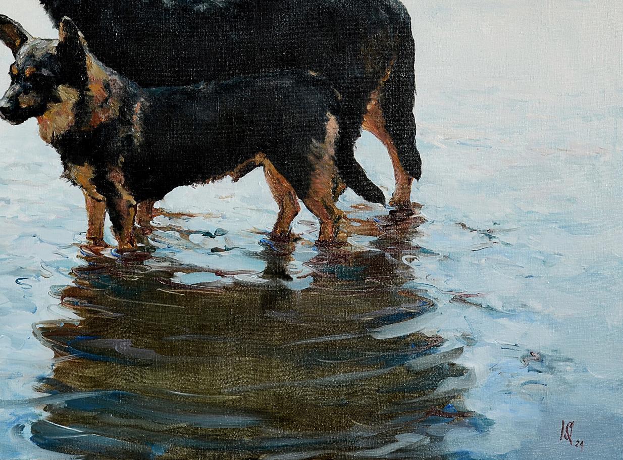 Oil painting Dog Fate by Oleg Kateryniuk: two German Shepherds in water