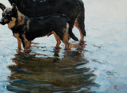 Oil painting Dog Fate by Oleg Kateryniuk: two German Shepherds in water